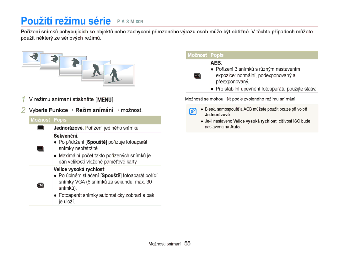 Samsung EC-WB1000BPBE3, EC-WB1000BPBE1 Použití režimu série p a h n s, Vyberte Funkce ““Režim snímání “ možnost, Sekvenční 