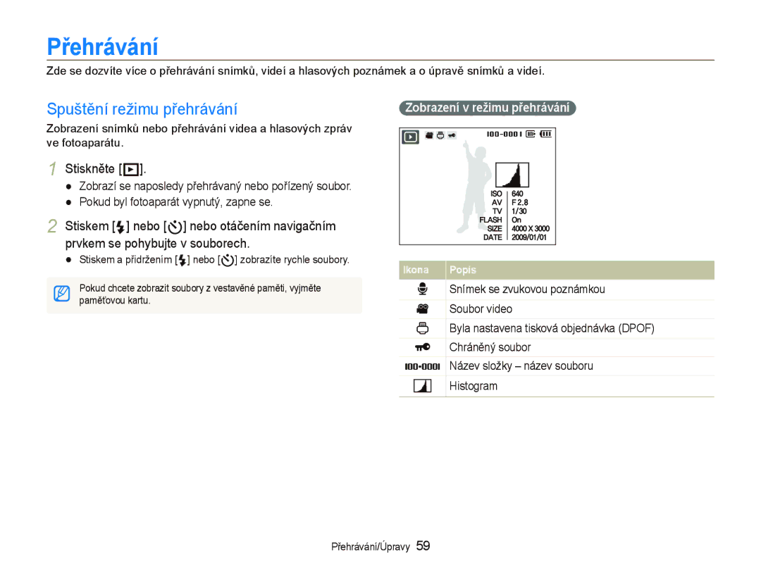 Samsung EC-WB1000BPBE1, EC-WB1000BPSE3, EC-WB1000BPBE3 manual Přehrávání, Stiskněte P, Pokud byl fotoaparát vypnutý, zapne se 