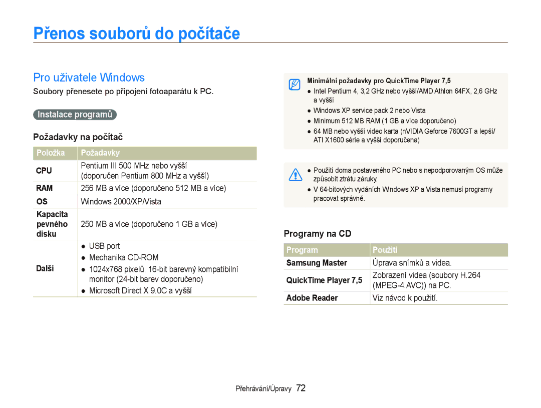 Samsung EC-WB1000BPSE3 manual Přenos souborů do počítače, Pro uživatele Windows, Požadavky na počítač, Programy na CD 