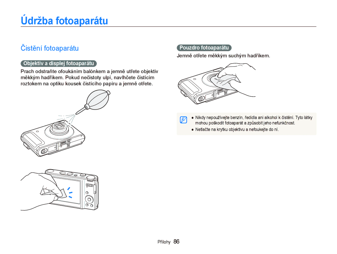 Samsung EC-WB1000BPBE1 manual Údržba fotoaparátu, Čistění fotoaparátu, Objektiv a displej fotoaparátu, Pouzdro fotoaparátu 