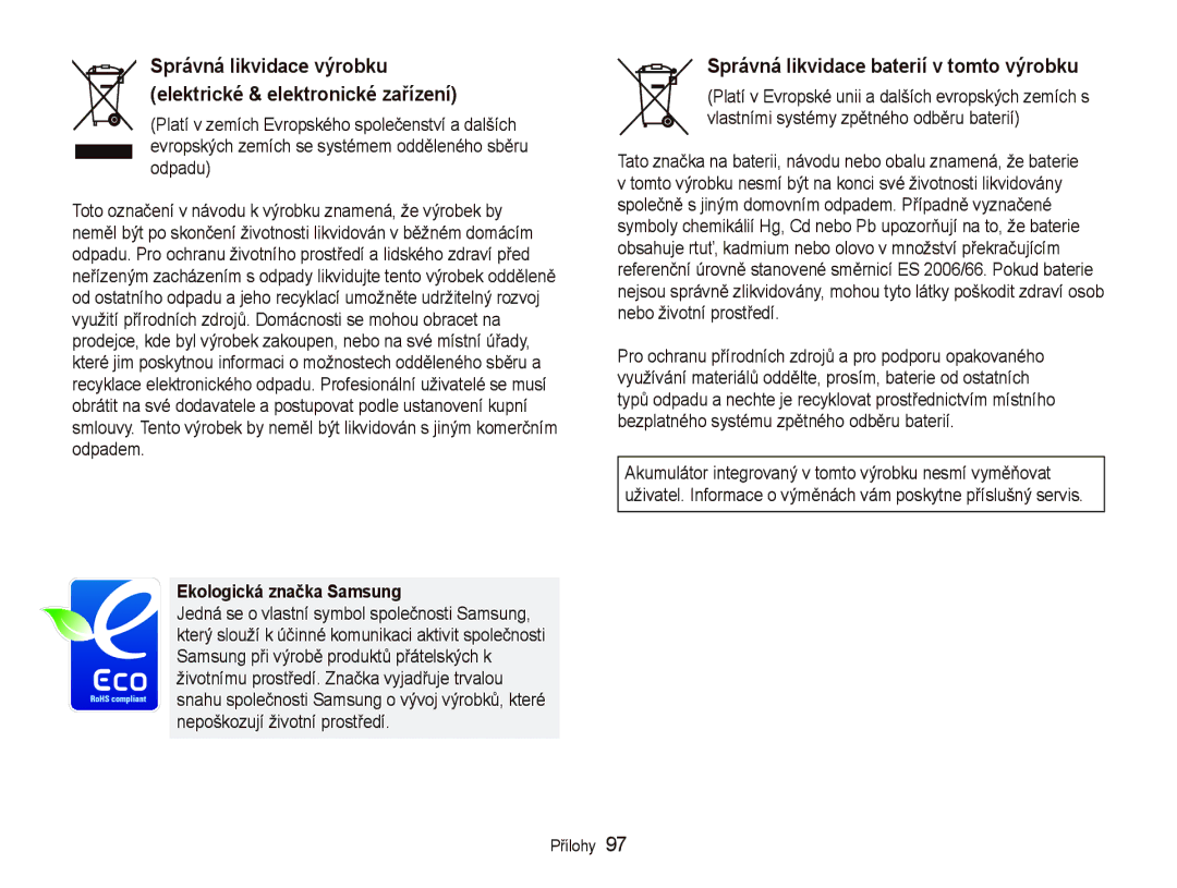 Samsung EC-WB1000BPBE3, EC-WB1000BPBE1, EC-WB1000BPSE3 Správná likvidace baterií v tomto výrobku, Ekologická značka Samsung 