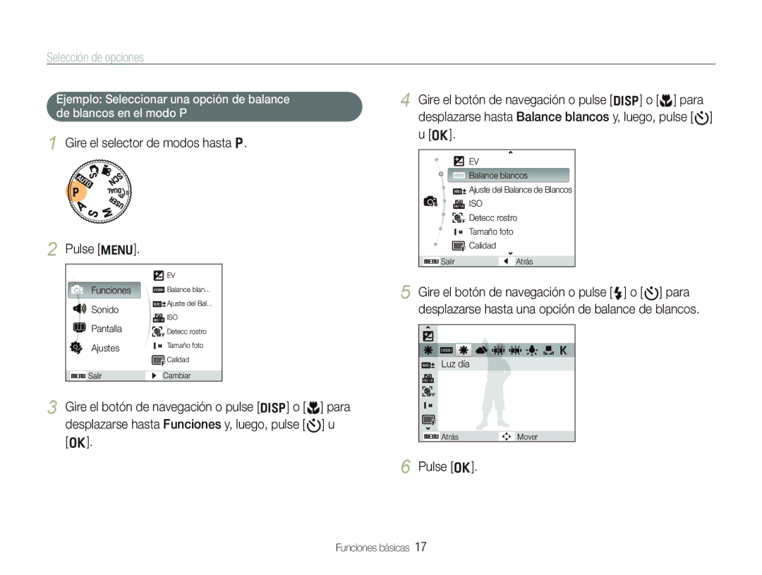 Samsung EC-WB1000BPBE1, EC-WB100BBP/E1 manual Selección de opciones, Gire el selector de modos hasta p Pulse m, Pulse o 