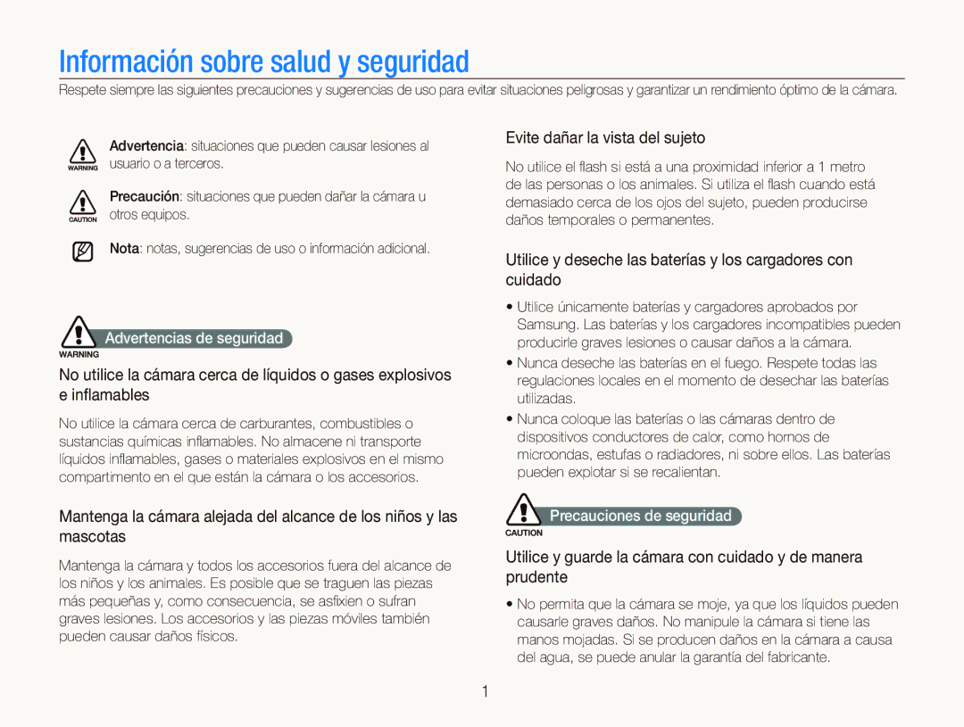 Samsung EC-WB100SBP/E1 manual Evite dañar la vista del sujeto, Utilice y deseche las baterías y los cargadores con cuidado 