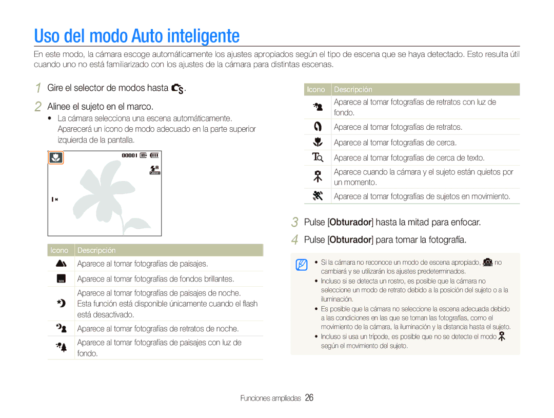 Samsung EC-WB1000BPBE1, EC-WB100BBP/E1, EC-WB100SBP/E1 manual Uso del modo Auto inteligente, Funciones ampliadas 