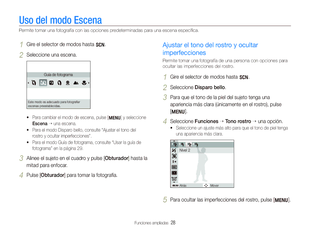 Samsung EC-WB100SBP/E1, EC-WB1000BPBE1 manual Uso del modo Escena, Ajustar el tono del rostro y ocultar imperfecciones 