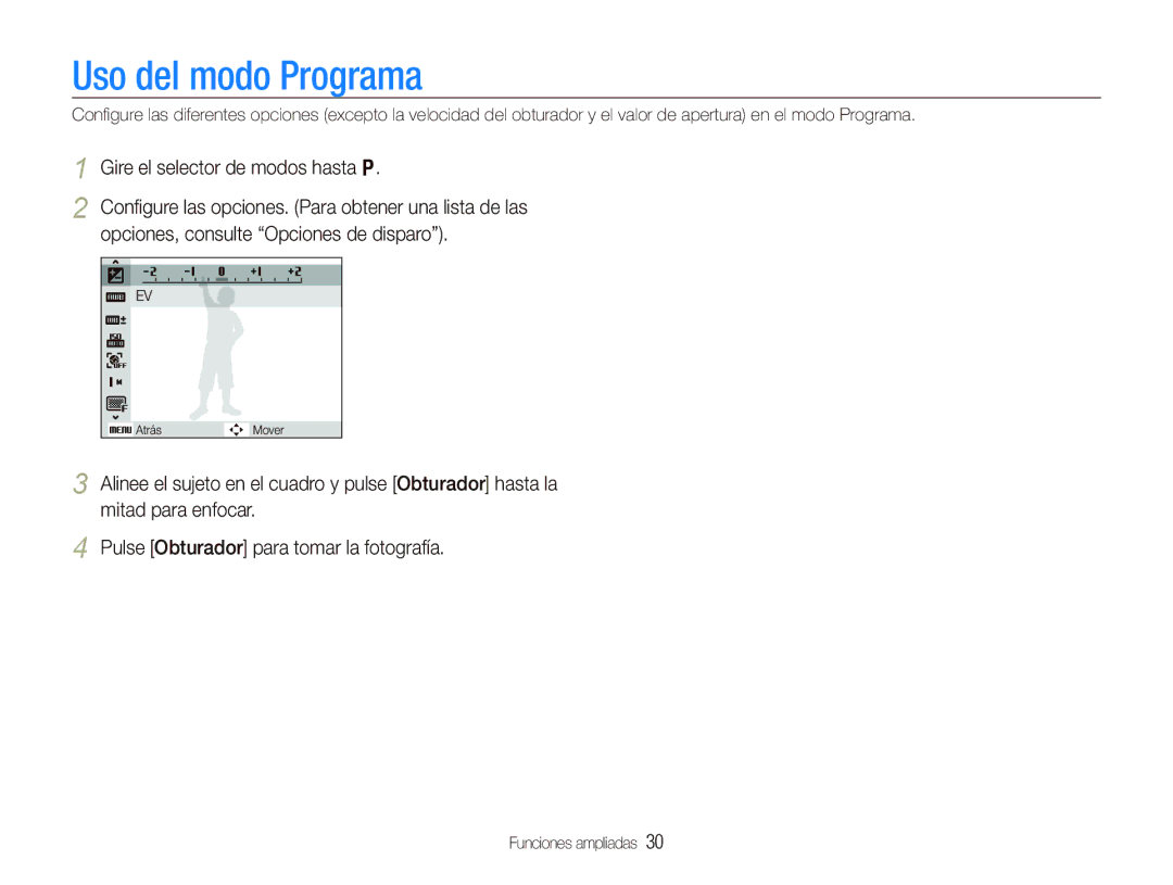 Samsung EC-WB100BBP/E1, EC-WB1000BPBE1, EC-WB100SBP/E1 manual Uso del modo Programa, Gire el selector de modos hasta p 