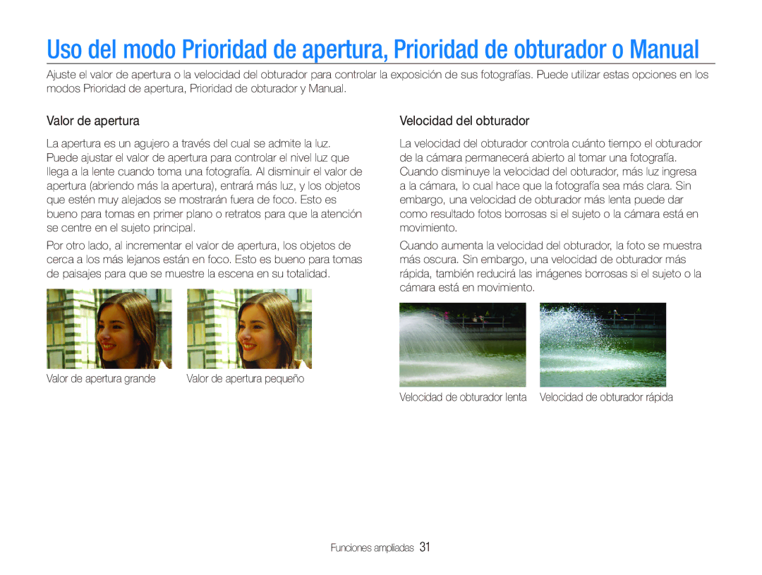 Samsung EC-WB100SBP/E1, EC-WB1000BPBE1, EC-WB100BBP/E1 manual Valor de apertura, Velocidad del obturador 