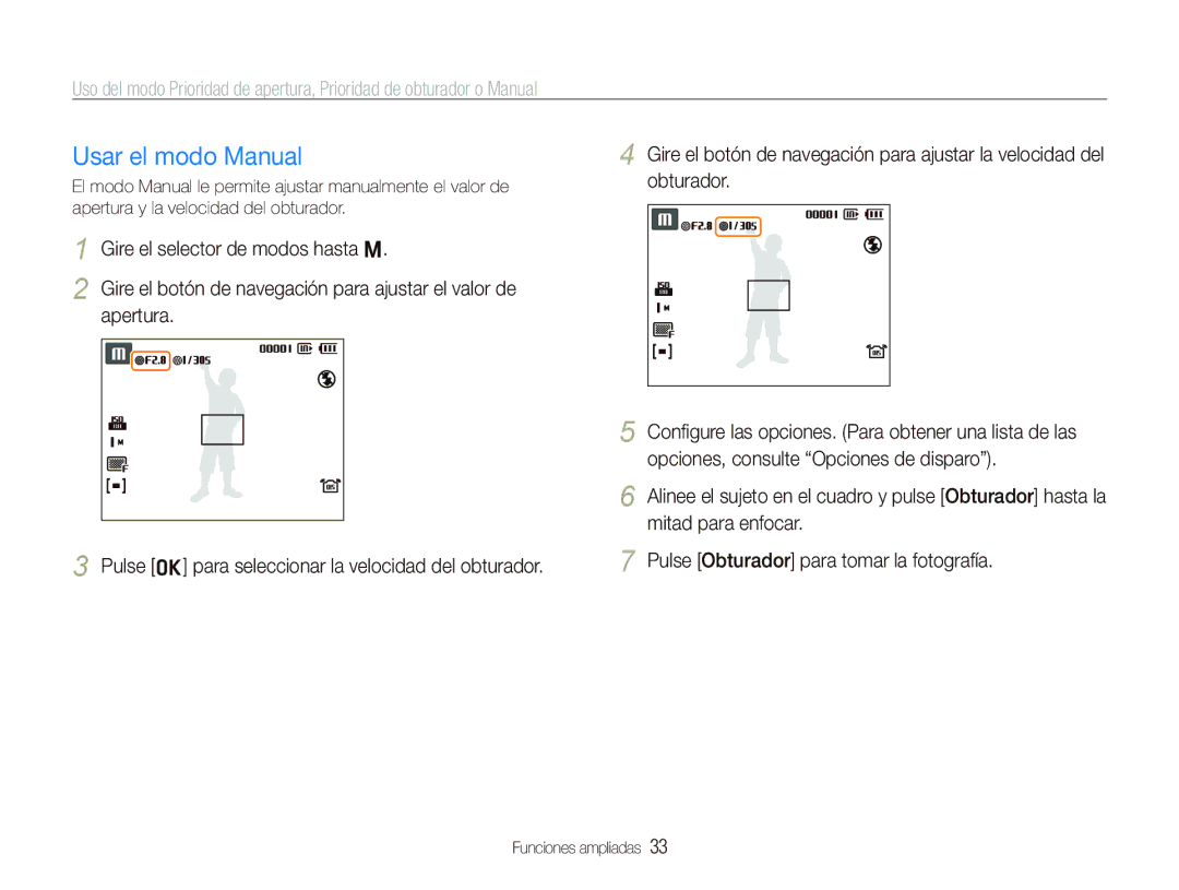 Samsung EC-WB100BBP/E1, EC-WB1000BPBE1, EC-WB100SBP/E1 manual Usar el modo Manual 