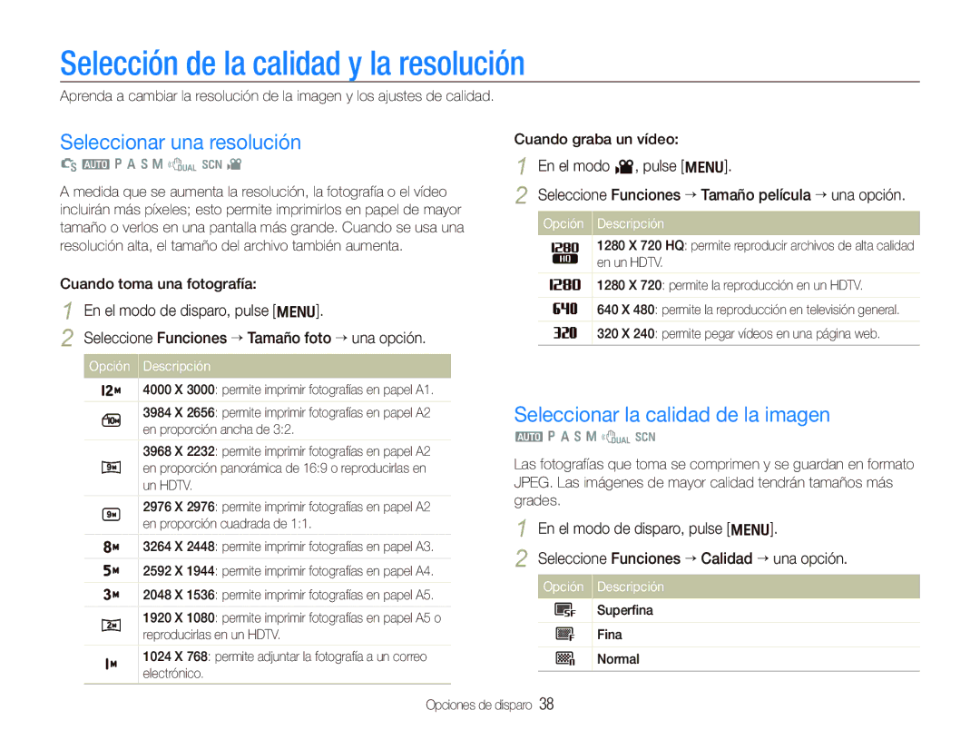 Samsung EC-WB1000BPBE1, EC-WB100BBP/E1, EC-WB100SBP/E1 Selección de la calidad y la resolución, Seleccionar una resolución 