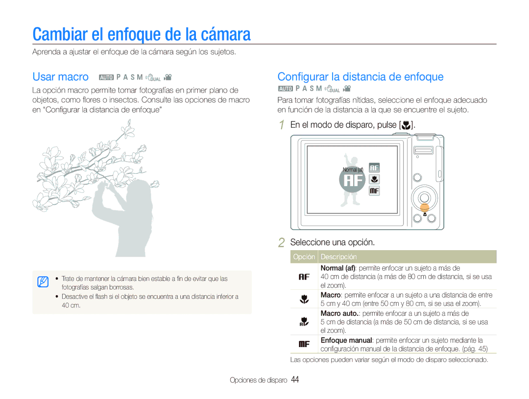 Samsung EC-WB1000BPBE1, EC-WB100BBP/E1, EC-WB100SBP/E1 Cambiar el enfoque de la cámara, Conﬁgurar la distancia de enfoque 