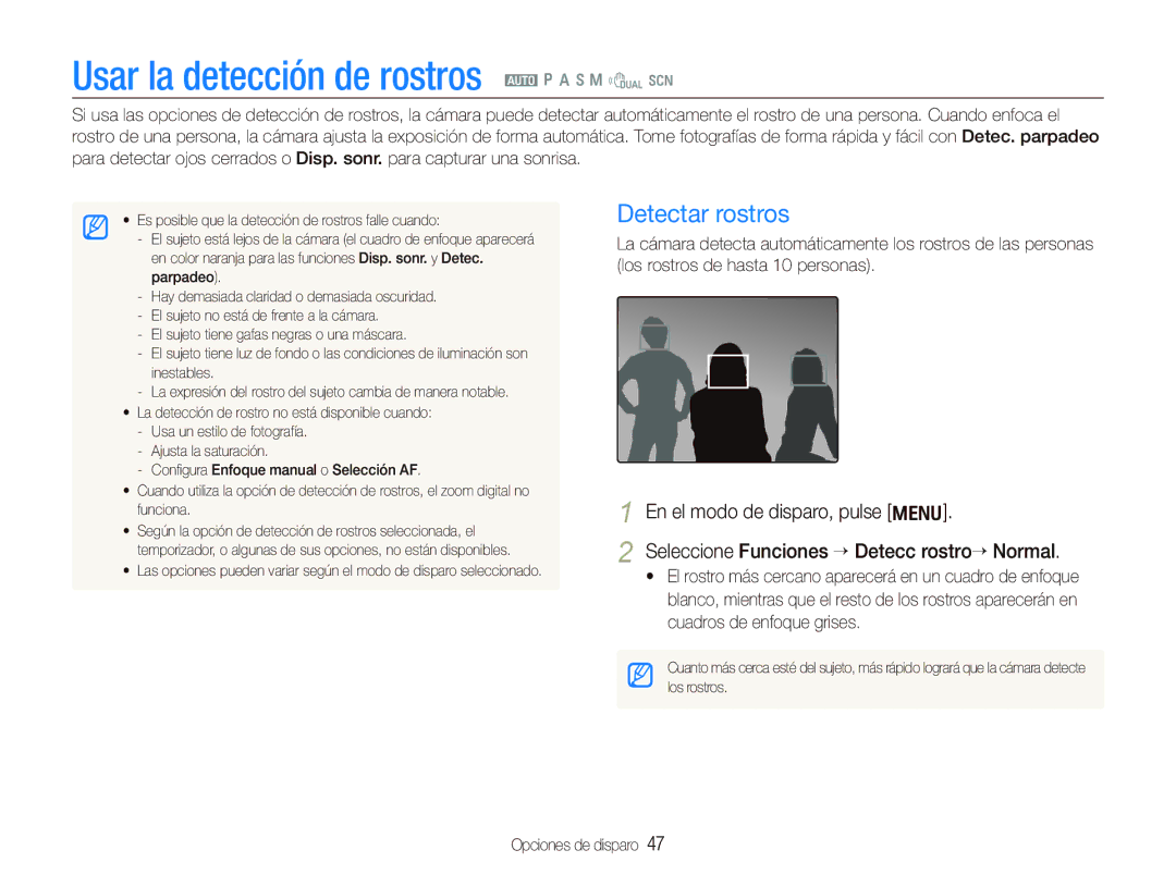 Samsung EC-WB1000BPBE1, EC-WB100BBP/E1, EC-WB100SBP/E1 manual Usar la detección de rostros a p a h n d s, Detectar rostros 