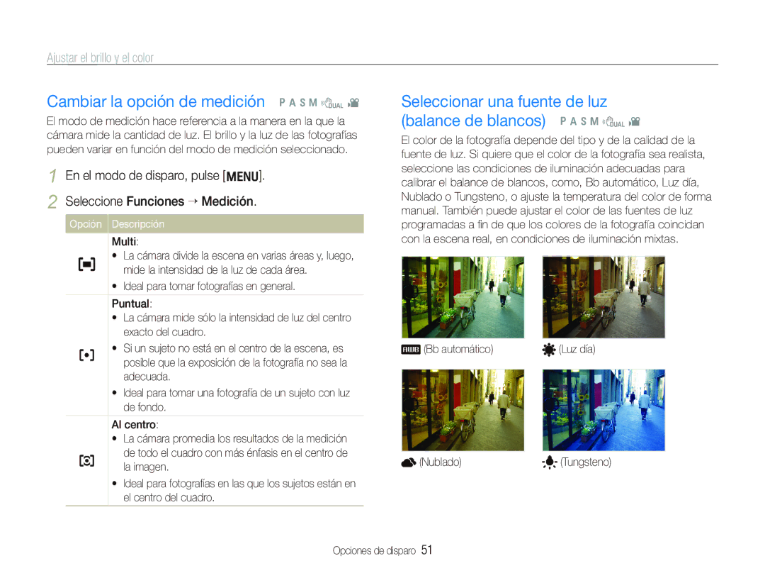 Samsung EC-WB100BBP/E1 manual Cambiar la opción de medición p a h n d, Seleccionar una fuente de luz balance de blancos 