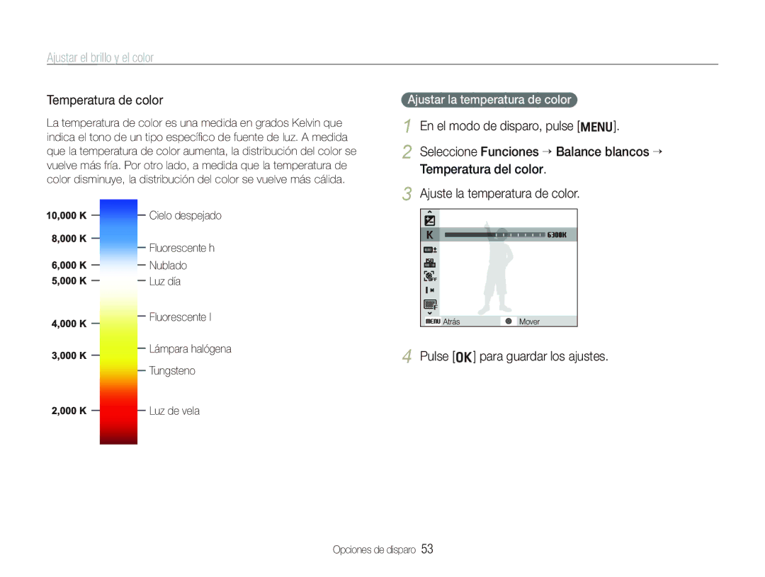 Samsung EC-WB1000BPBE1 Pulse o para guardar los ajustes, Ajustar la temperatura de color, Luz de vela Opciones de disparo 