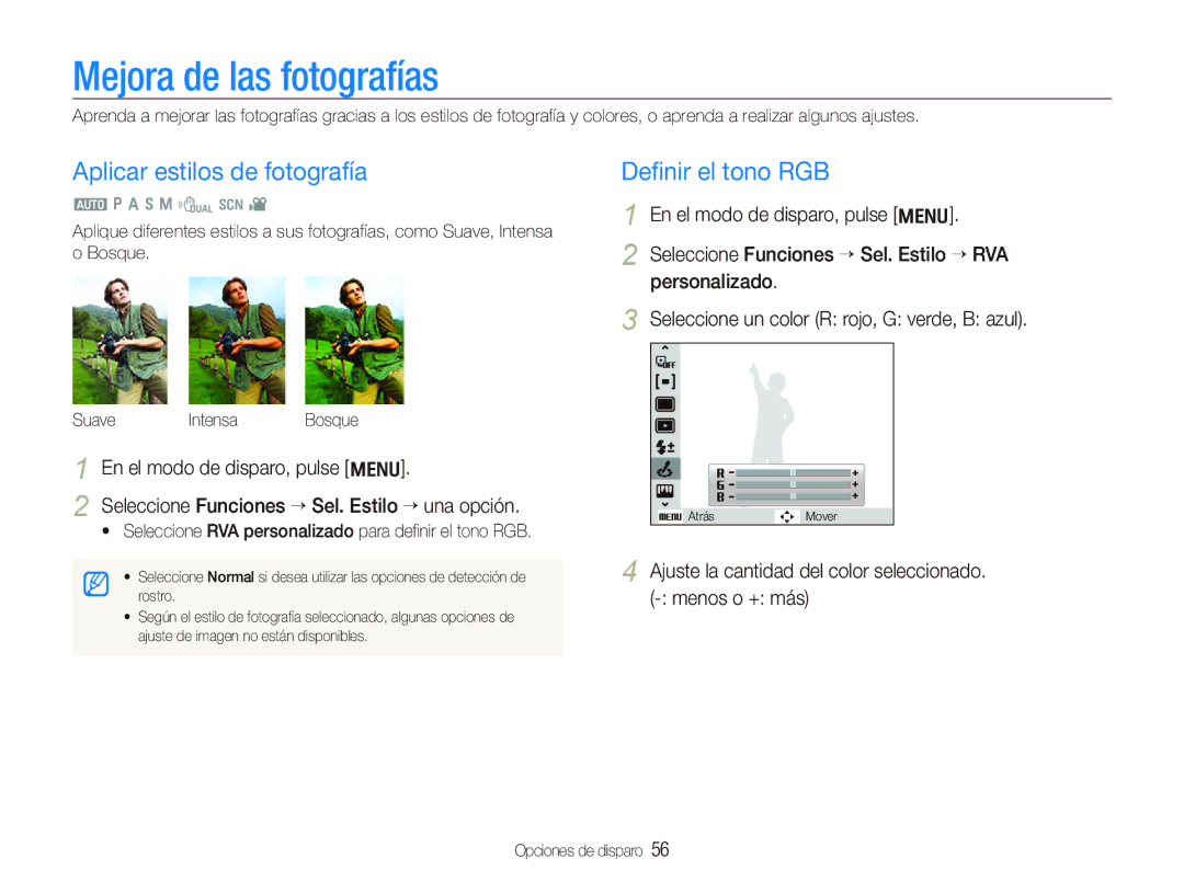 Samsung EC-WB1000BPBE1, EC-WB100BBP/E1 manual Mejora de las fotografías, Aplicar estilos de fotografía, SuaveIntensaBosque 