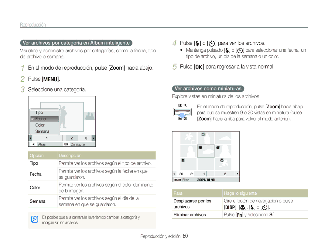 Samsung EC-WB100BBP/E1 manual Reproducción, Pulse F o t para ver los archivos, Pulse o para regresar a la vista normal 