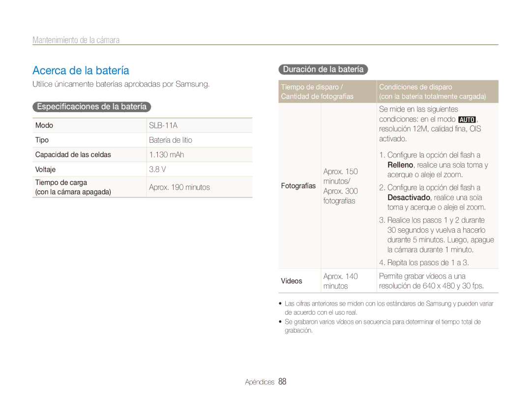 Samsung EC-WB100SBP/E1, EC-WB1000BPBE1 manual Acerca de la batería, Especificaciones de la batería, Duración de la batería 