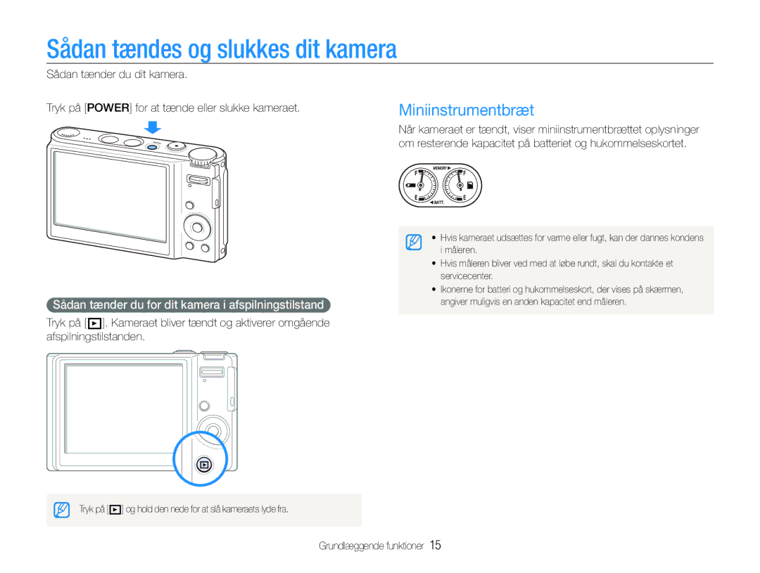 Samsung EC-WB100BBP/E2, EC-WB1000BPBE2, EC-WB1000BPSE2 manual Sådan tændes og slukkes dit kamera, Miniinstrumentbræt 