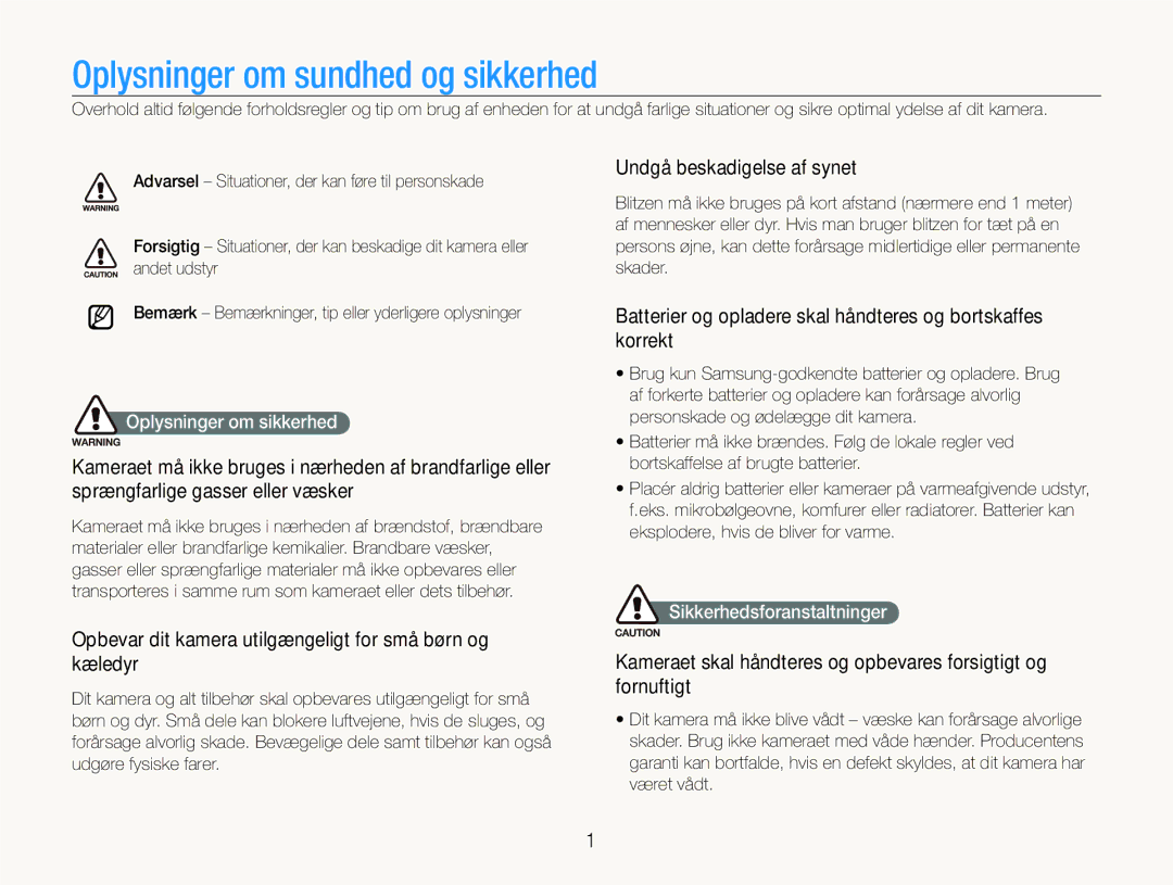 Samsung EC-WB1000BPSE2 manual Undgå beskadigelse af synet, Batterier og opladere skal håndteres og bortskaffes korrekt 