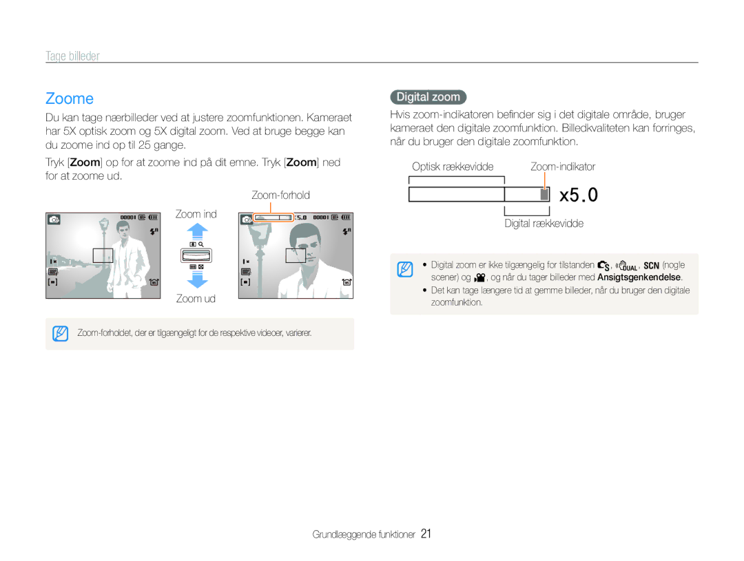 Samsung EC-WB100BBP/E2, EC-WB1000BPBE2, EC-WB1000BPSE2 manual Zoome, Tage billeder, Digital zoom, Zoom ud, Digital rækkevidde 