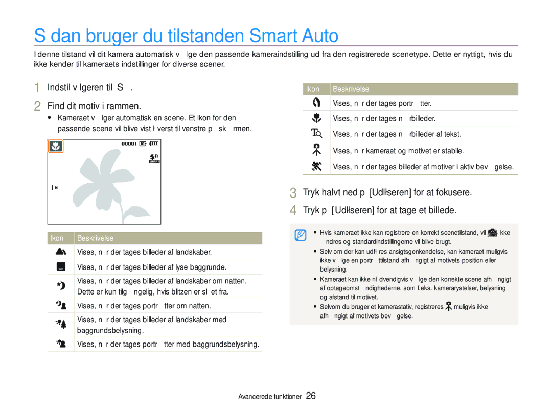 Samsung EC-WB1000BPBE2 manual Sådan bruger du tilstanden Smart Auto, Indstil vælgeren til S Find dit motiv i rammen 