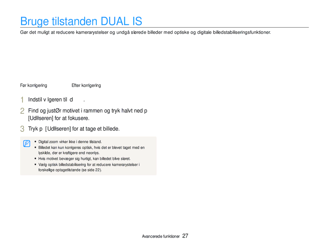 Samsung EC-WB100BBP/E2, EC-WB1000BPBE2, EC-WB1000BPSE2 manual Bruge tilstanden Dual is 