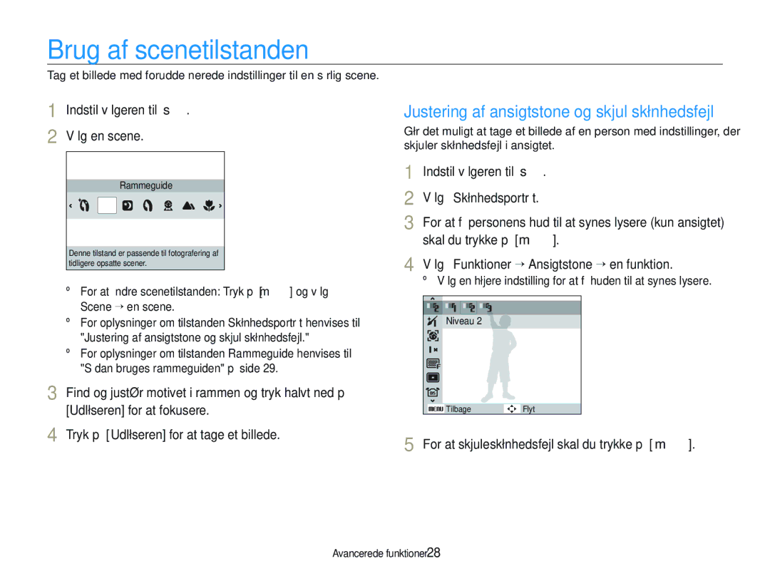 Samsung EC-WB1000BPSE2, EC-WB1000BPBE2 manual Brug af scenetilstanden, Justering af ansigtstone og skjul skønhedsfejl 