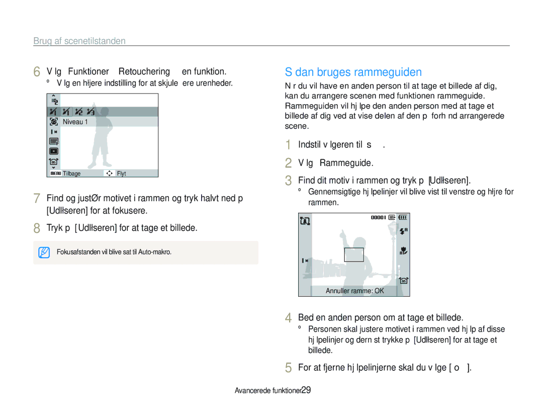 Samsung EC-WB1000BPBE2, EC-WB100BBP/E2 manual Sådan bruges rammeguiden, Vælg Funktioner “ Retouchering ““en funktion 