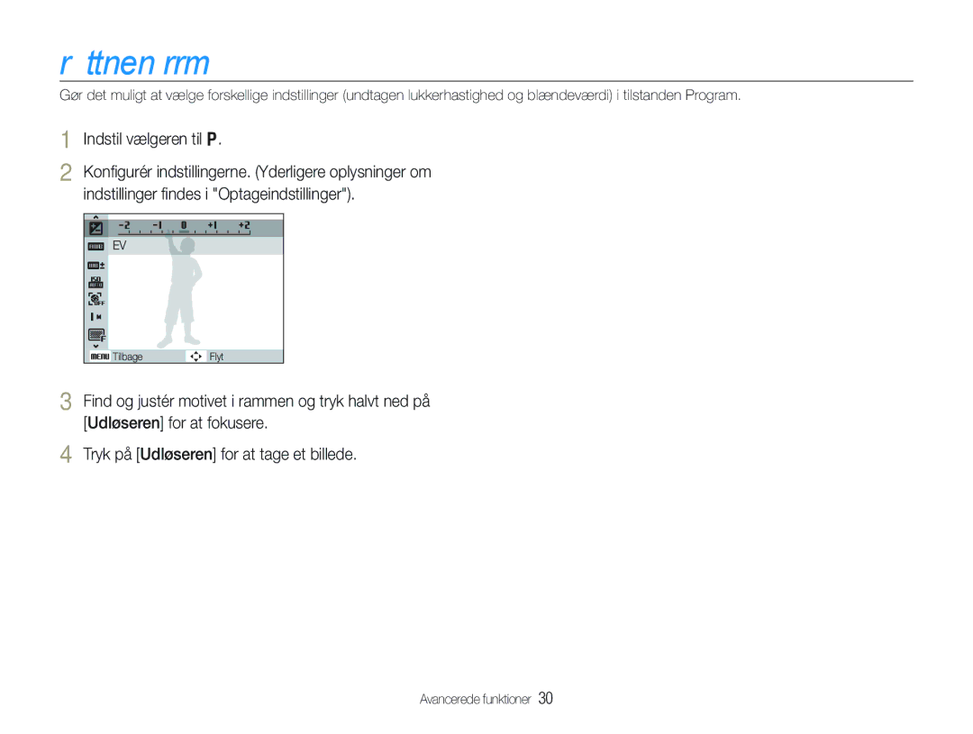 Samsung EC-WB100BBP/E2, EC-WB1000BPBE2, EC-WB1000BPSE2 manual Brug af tilstanden Program, Indstil vælgeren til p 