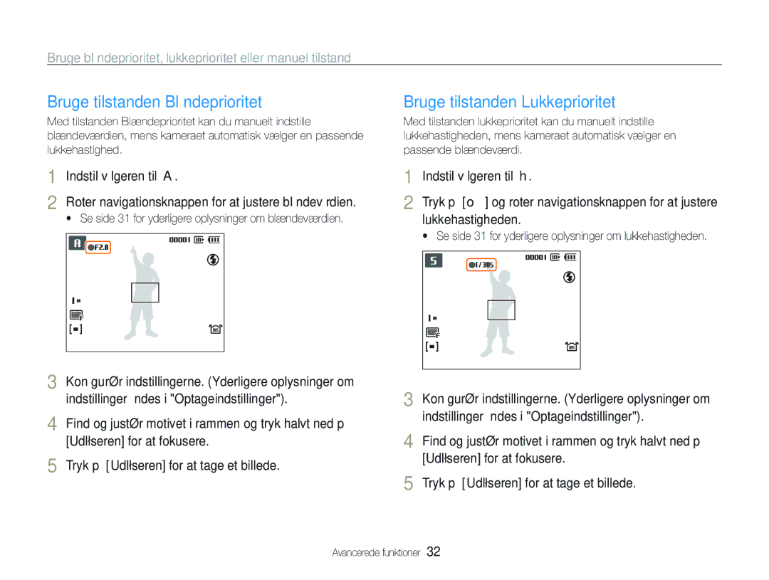 Samsung EC-WB1000BPBE2, EC-WB100BBP/E2, EC-WB1000BPSE2 Bruge tilstanden Blændeprioritet, Bruge tilstanden Lukkeprioritet 