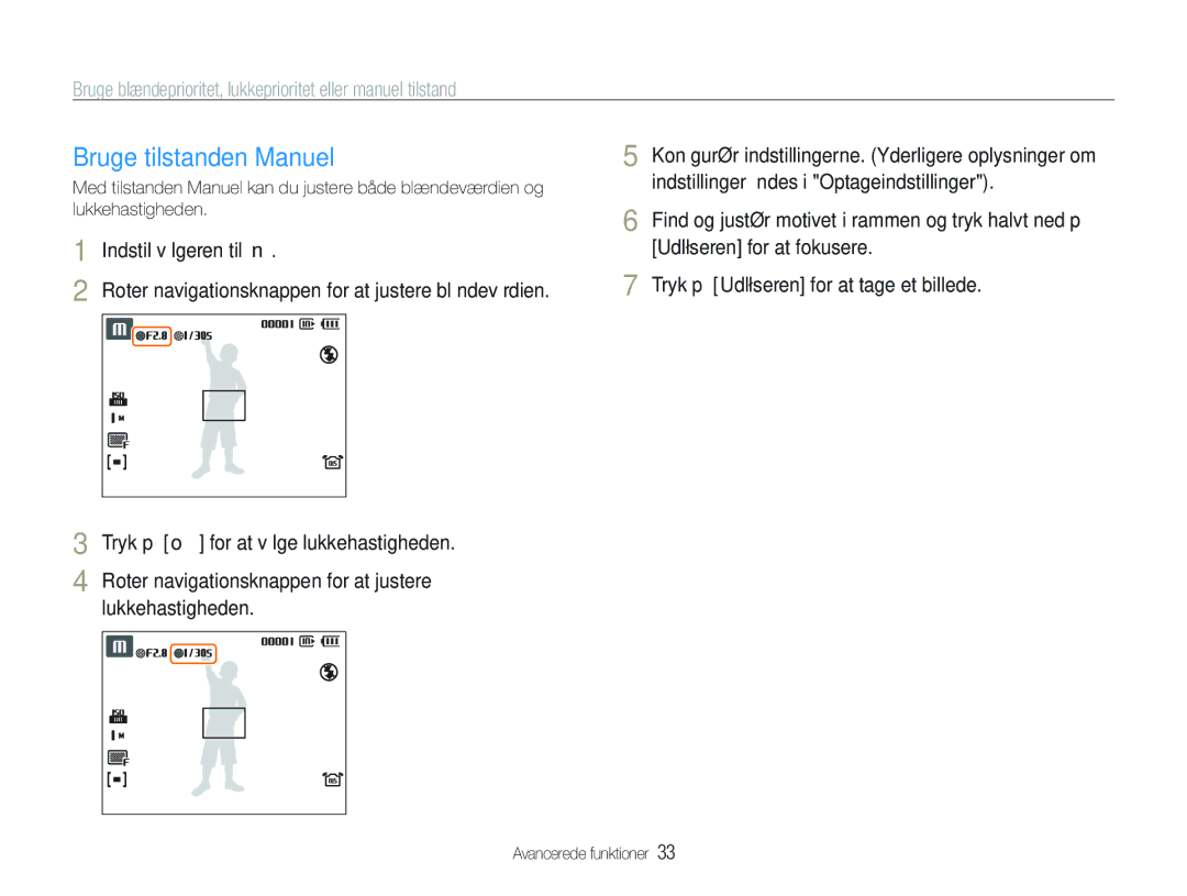 Samsung EC-WB100BBP/E2, EC-WB1000BPBE2, EC-WB1000BPSE2 manual Bruge tilstanden Manuel 