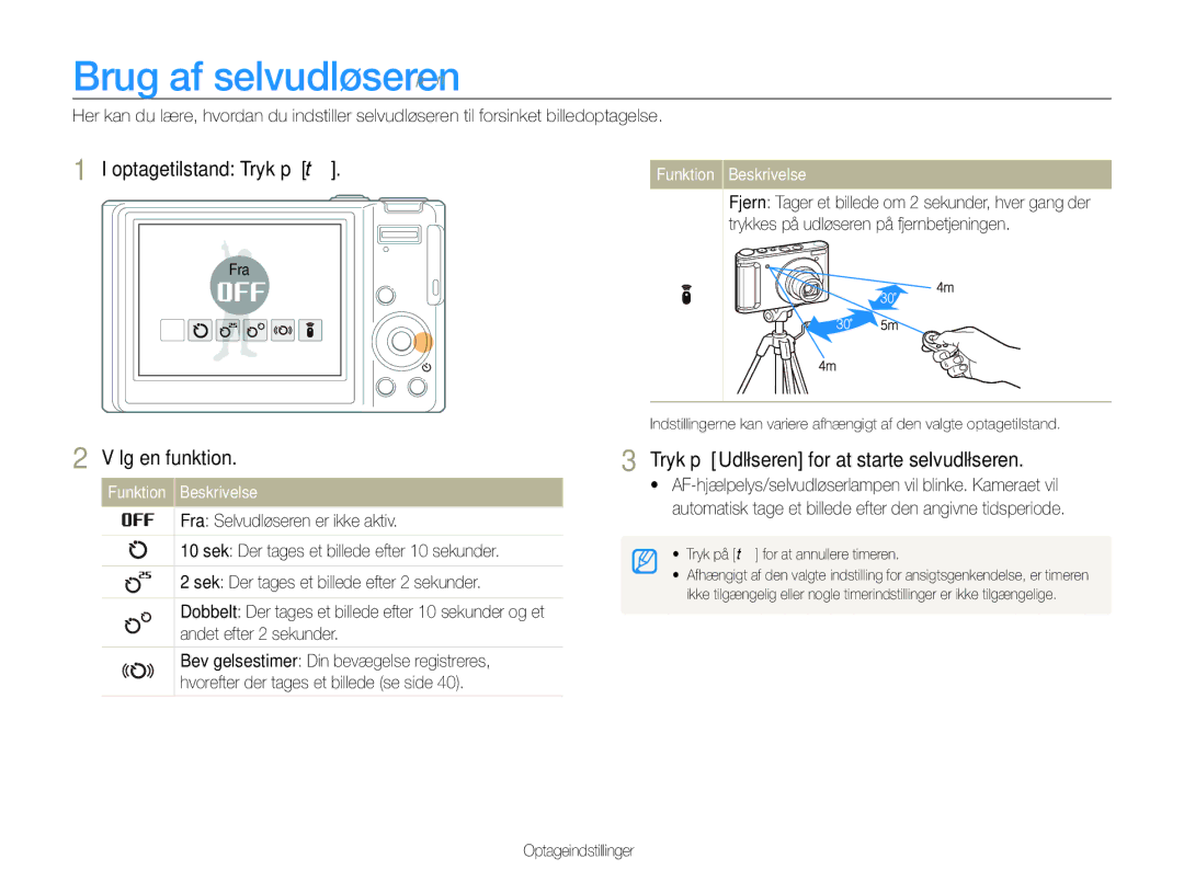 Samsung EC-WB100BBP/E2 manual Optagetilstand Tryk på t, Vælg en funktion, Tryk på Udløseren for at starte selvudløseren 