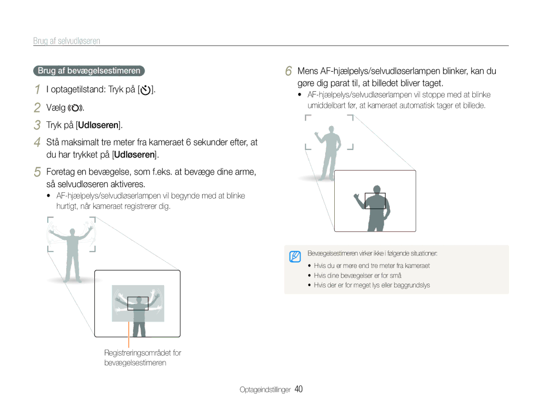 Samsung EC-WB1000BPSE2, EC-WB1000BPBE2, EC-WB100BBP/E2 manual Brug af selvudløseren, Brug af bevægelsestimeren 