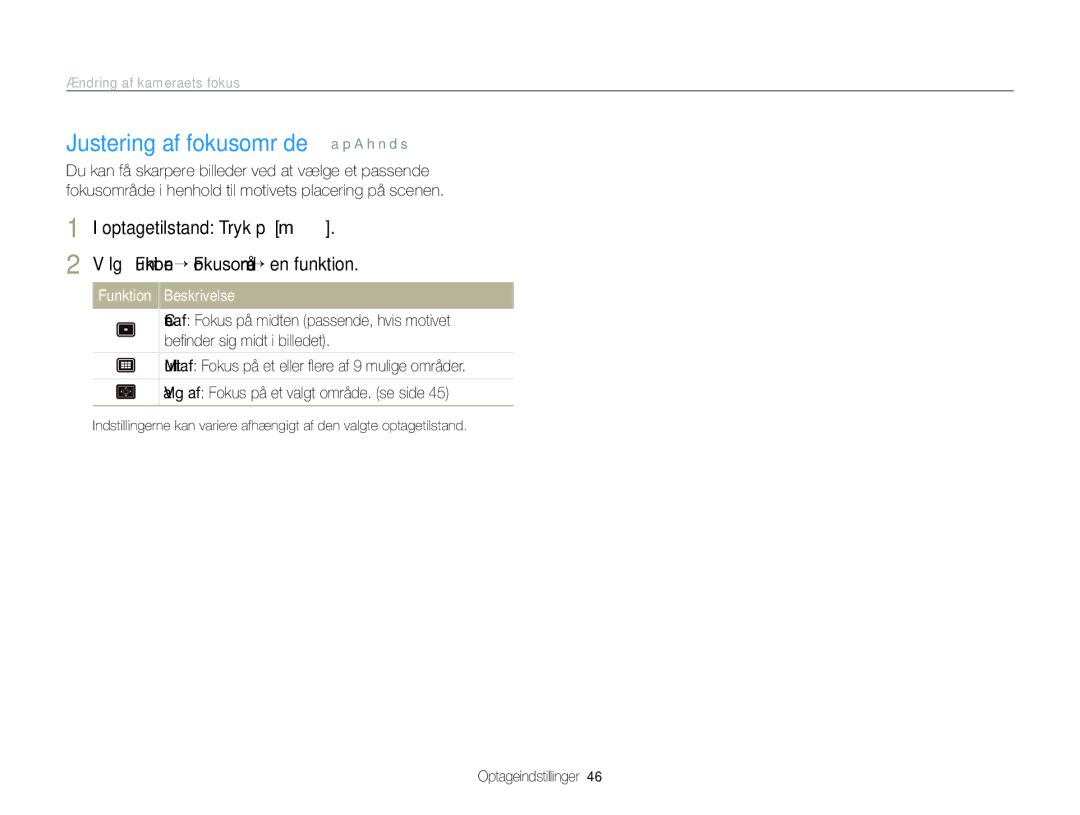 Samsung EC-WB1000BPSE2, EC-WB1000BPBE2, EC-WB100BBP/E2 manual Justering af fokusområde a p a h n d s 