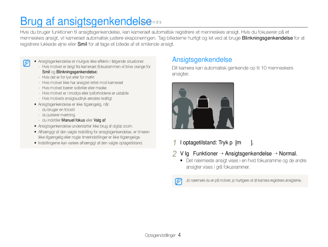 Samsung EC-WB1000BPBE2 Brug af ansigtsgenkendelse a p a h n d s, Ansigtsgenkendelse, Ansigter vises i grå fokusrammer 