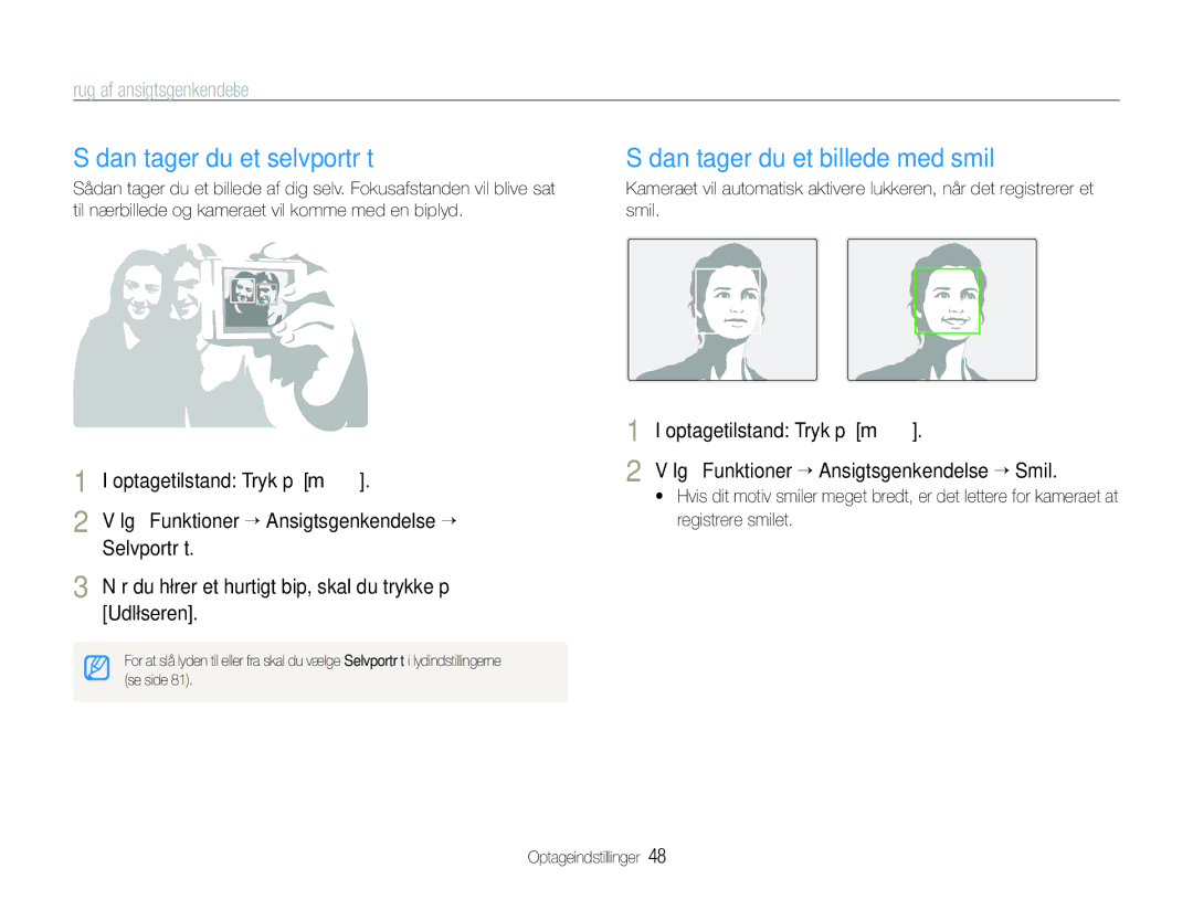 Samsung EC-WB100BBP/E2 manual Sådan tager du et selvportræt, Sådan tager du et billede med smil, Brug af ansigtsgenkendelse 