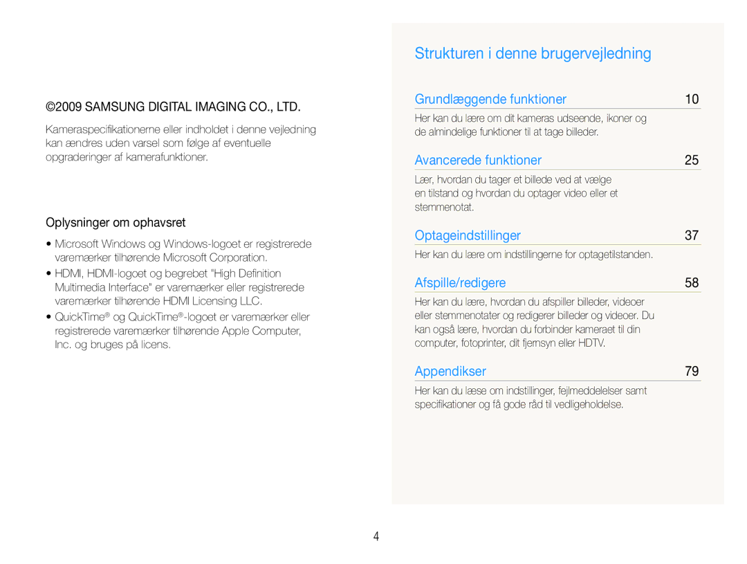 Samsung EC-WB1000BPSE2, EC-WB1000BPBE2, EC-WB100BBP/E2 manual Strukturen i denne brugervejledning, Oplysninger om ophavsret 