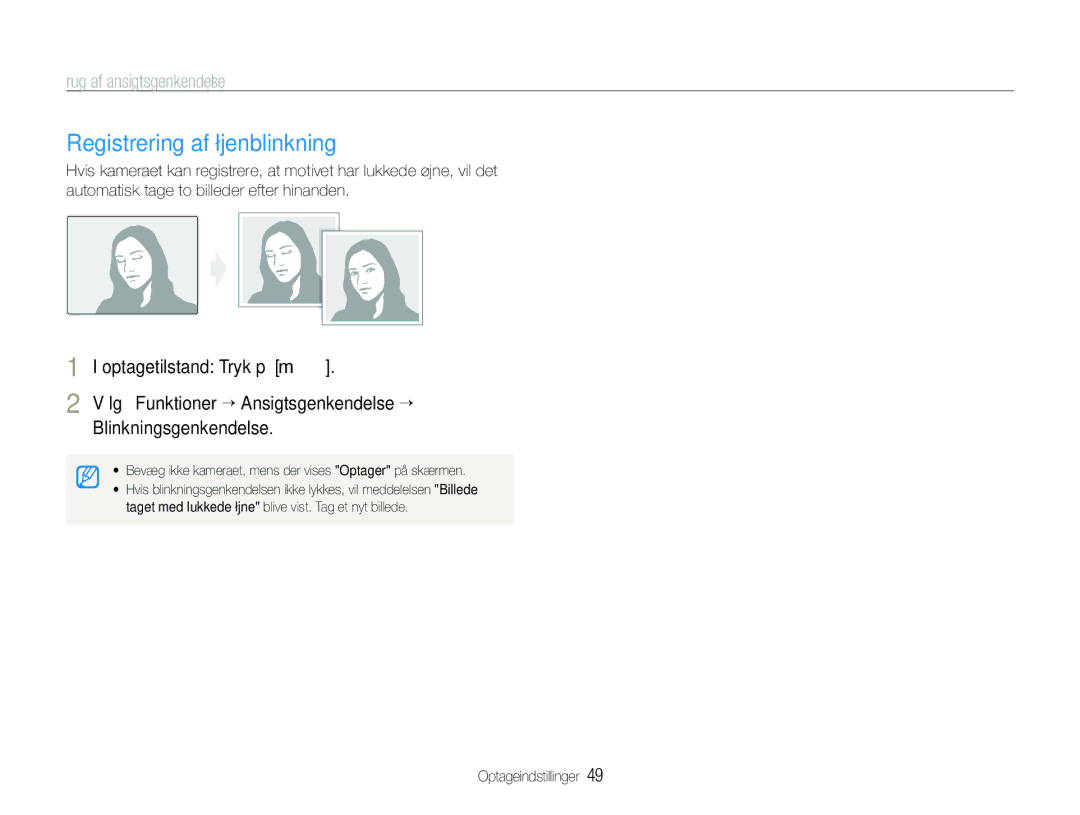 Samsung EC-WB1000BPSE2 manual Registrering af øjenblinkning, Vælg Funktioner “ Ansigtsgenkendelse “ Blinkningsgenkendelse 