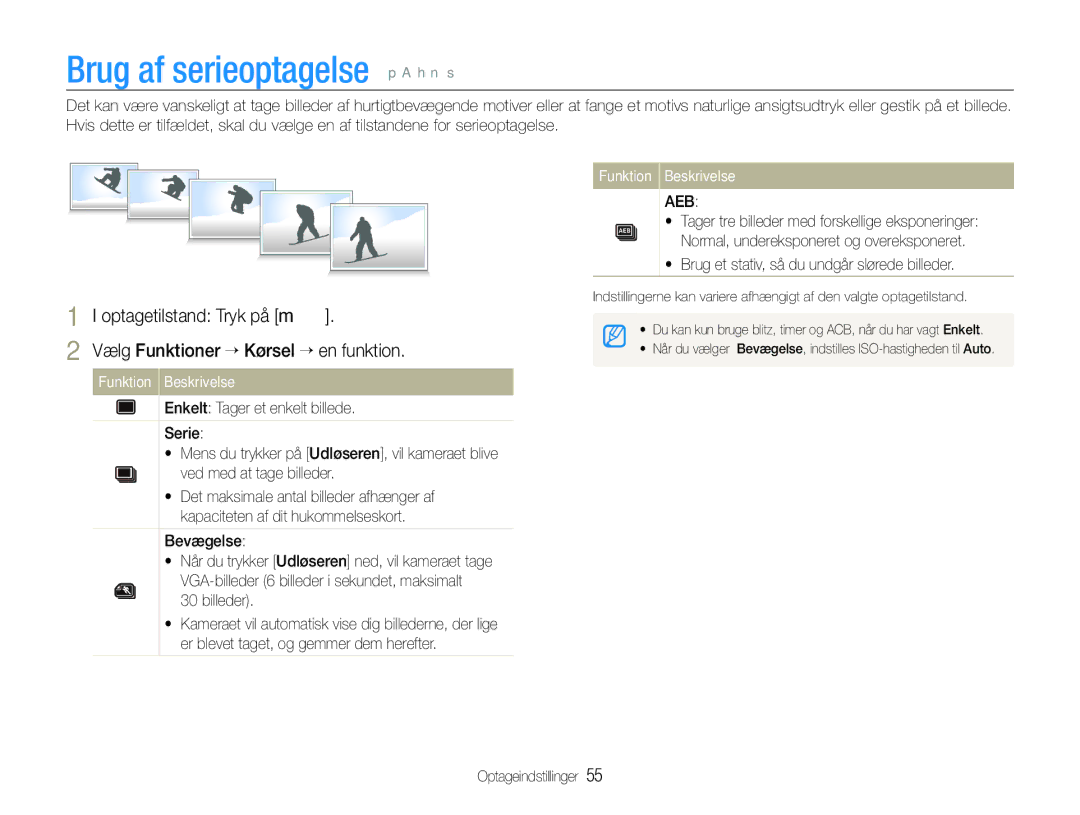 Samsung EC-WB1000BPSE2, EC-WB1000BPBE2, EC-WB100BBP/E2 manual Brug af serieoptagelse p a h n s, Bevægelse, Billeder 