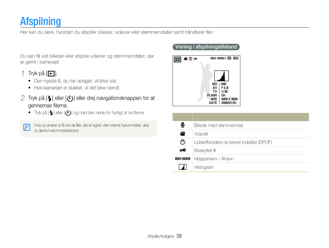 Samsung EC-WB1000BPBE2 manual Afspilning, Sådan starter du afspilningstilstanden, Tryk på P, Visning i afspilningstilstand 