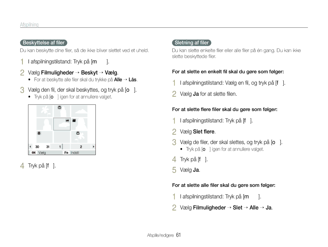 Samsung EC-WB1000BPSE2 manual Vælg den ﬁl, der skal beskyttes, og tryk på o, Tryk på f Vælg Ja, Beskyttelse af ﬁler 