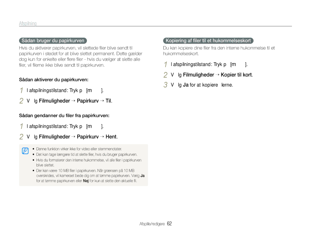 Samsung EC-WB1000BPBE2, EC-WB100BBP/E2 manual Sådan bruger du papirkurven, Kopiering af ﬁler til et hukommelseskort 