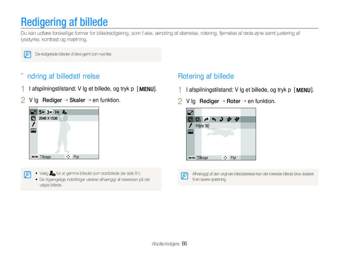 Samsung EC-WB100BBP/E2, EC-WB1000BPBE2 manual Redigering af billede, Ændring af billedstørrelse, Rotering af billede 