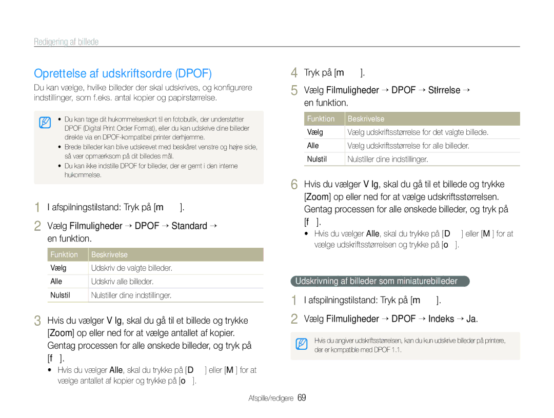 Samsung EC-WB100BBP/E2, EC-WB1000BPBE2 manual Oprettelse af udskriftsordre Dpof, Vælg Filmuligheder “ Dpof “ Størrelse “ 