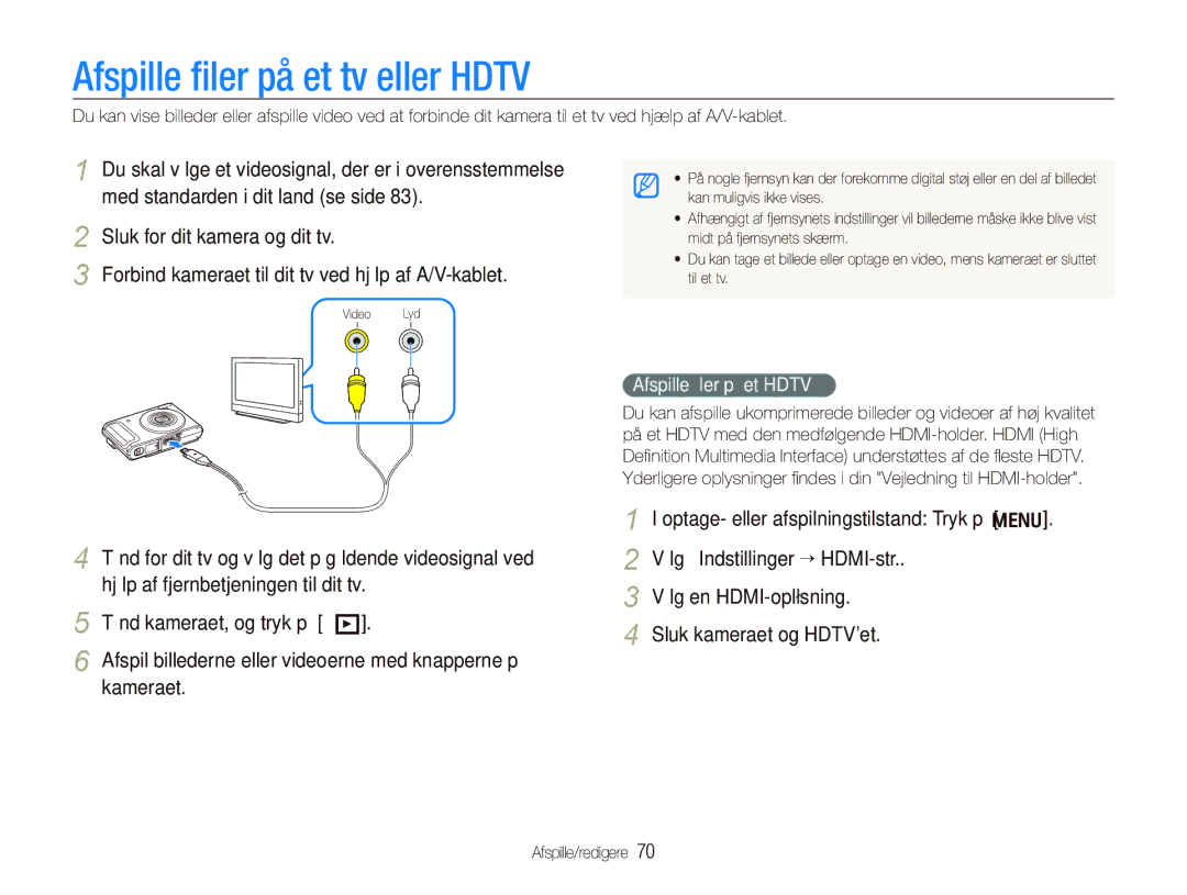 Samsung EC-WB1000BPSE2, EC-WB1000BPBE2, EC-WB100BBP/E2 manual Afspille ﬁler på et tv eller Hdtv, Afspille ﬁler på et Hdtv 