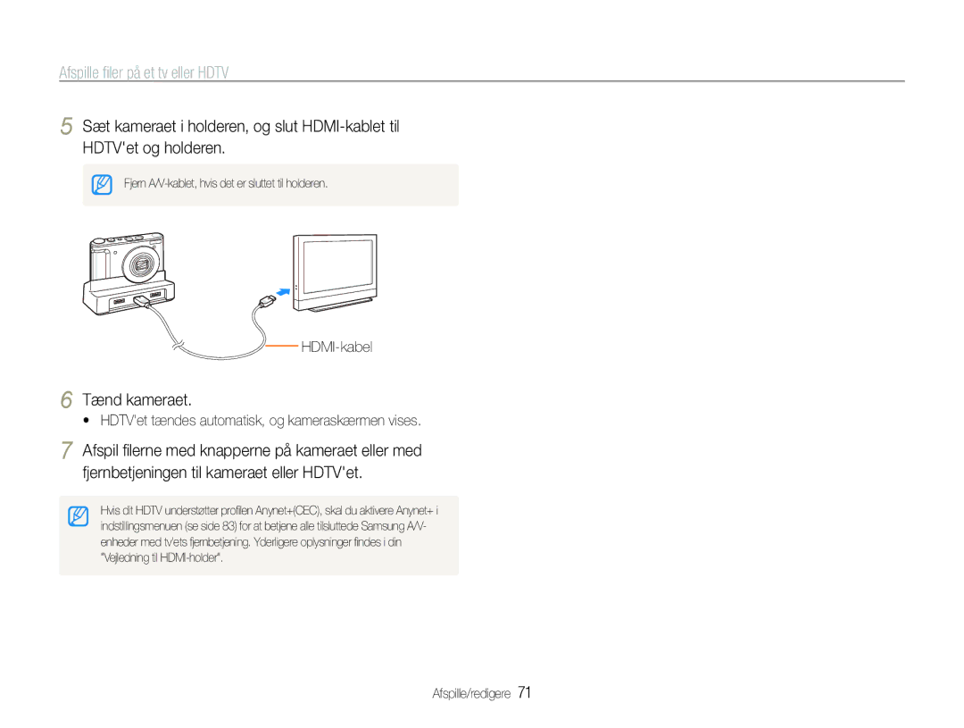 Samsung EC-WB1000BPBE2, EC-WB100BBP/E2, EC-WB1000BPSE2 manual Afspille ﬁler på et tv eller Hdtv, Tænd kameraet, HDMI-kabel 