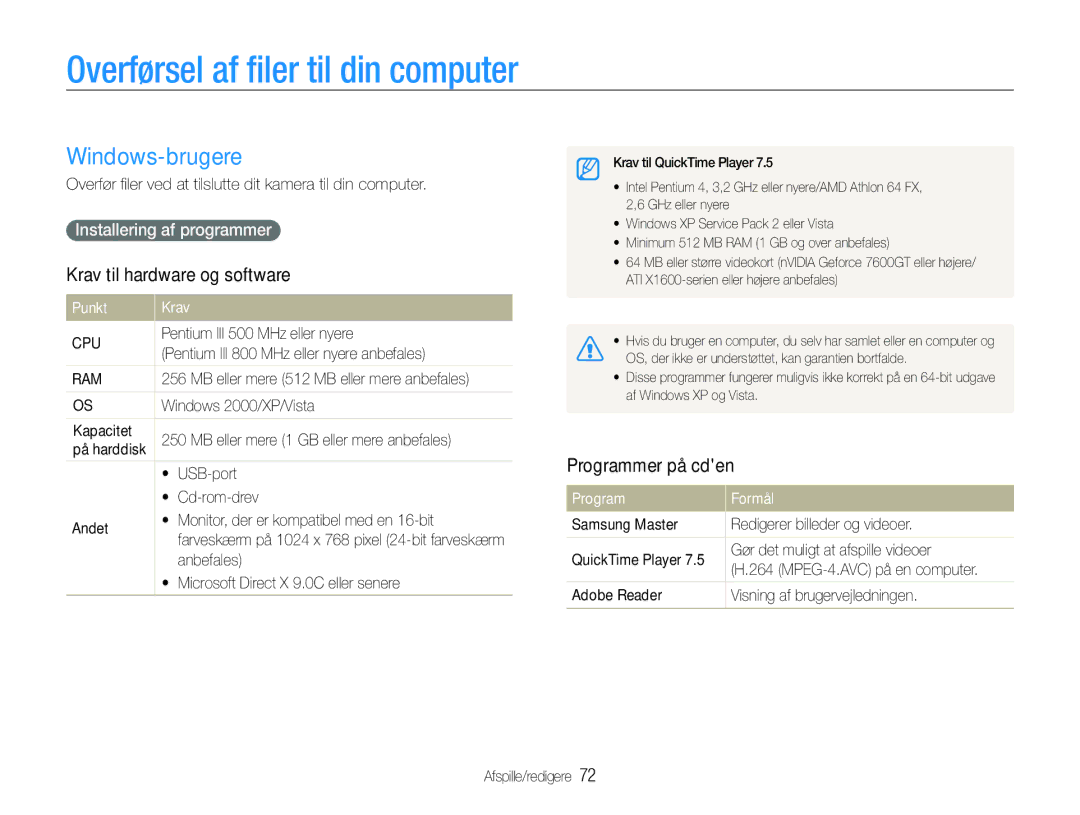 Samsung EC-WB100BBP/E2, EC-WB1000BPBE2 Overførsel af ﬁler til din computer, Windows-brugere, Krav til hardware og software 