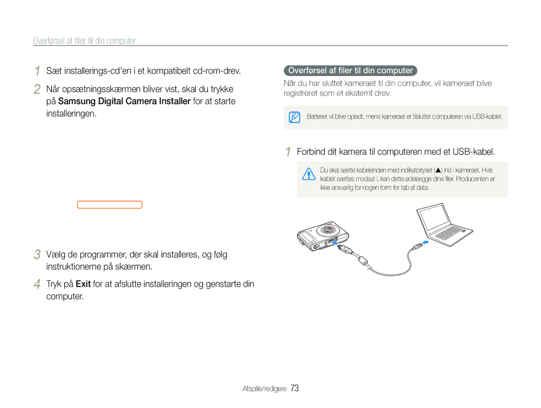 Samsung EC-WB1000BPSE2 manual Overførsel af ﬁler til din computer, Forbind dit kamera til computeren med et USB-kabel 