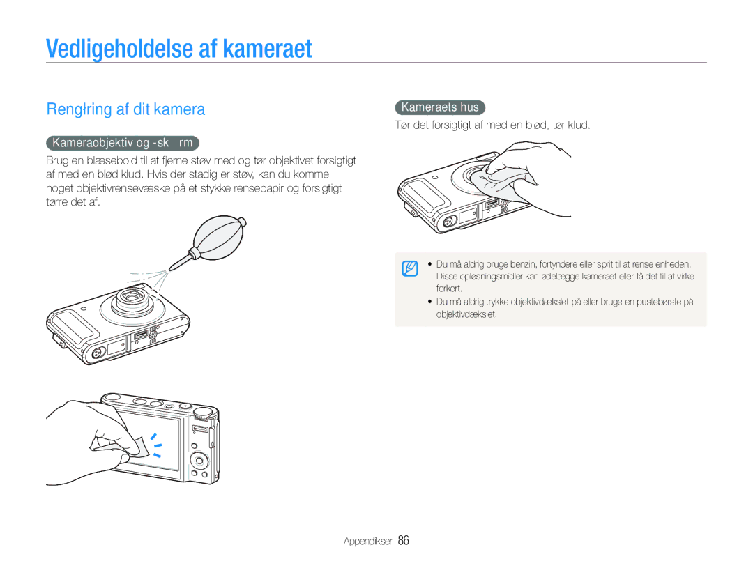 Samsung EC-WB1000BPBE2 manual Vedligeholdelse af kameraet, Rengøring af dit kamera, Kameraobjektiv og -skærm, Kameraets hus 