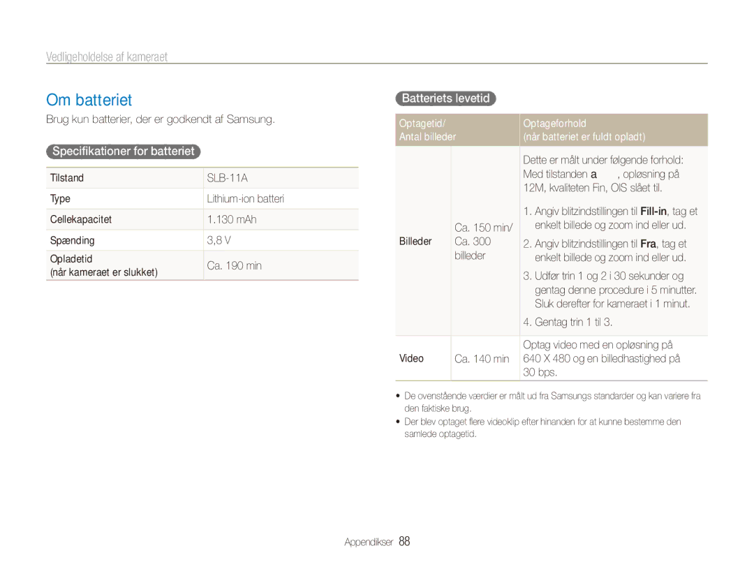 Samsung EC-WB1000BPSE2, EC-WB1000BPBE2, EC-WB100BBP/E2 manual Specifikationer for batteriet, Batteriets levetid 