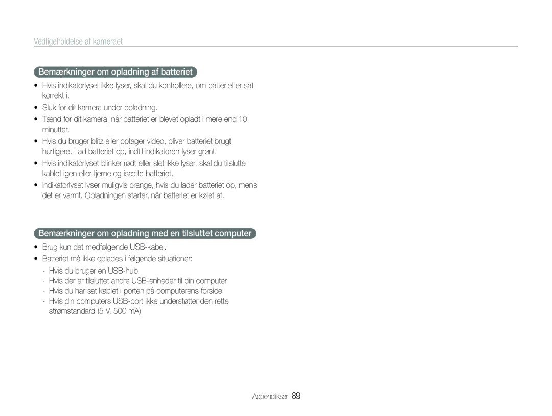 Samsung EC-WB1000BPBE2 manual Bemærkninger om opladning af batteriet, Bemærkninger om opladning med en tilsluttet computer 